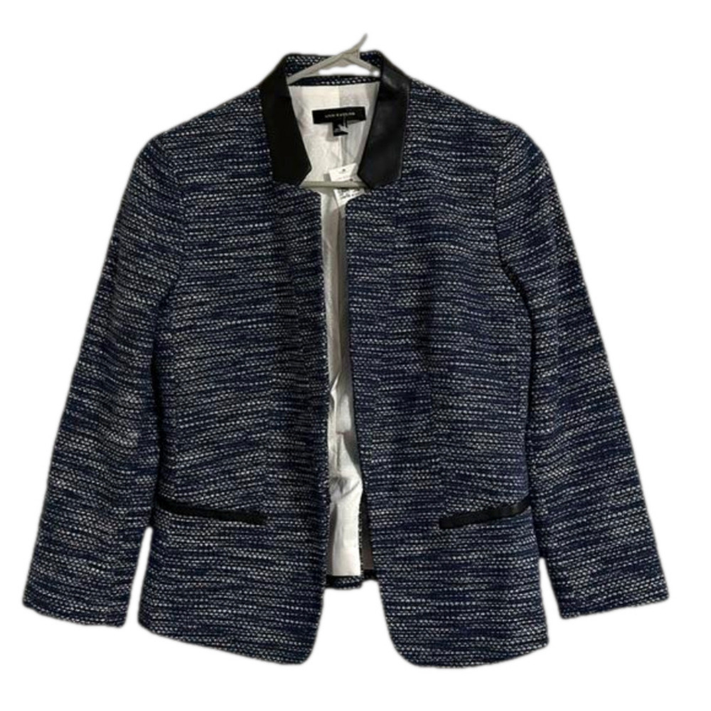 Ann Taylor blue tweed blazer with faux leather details